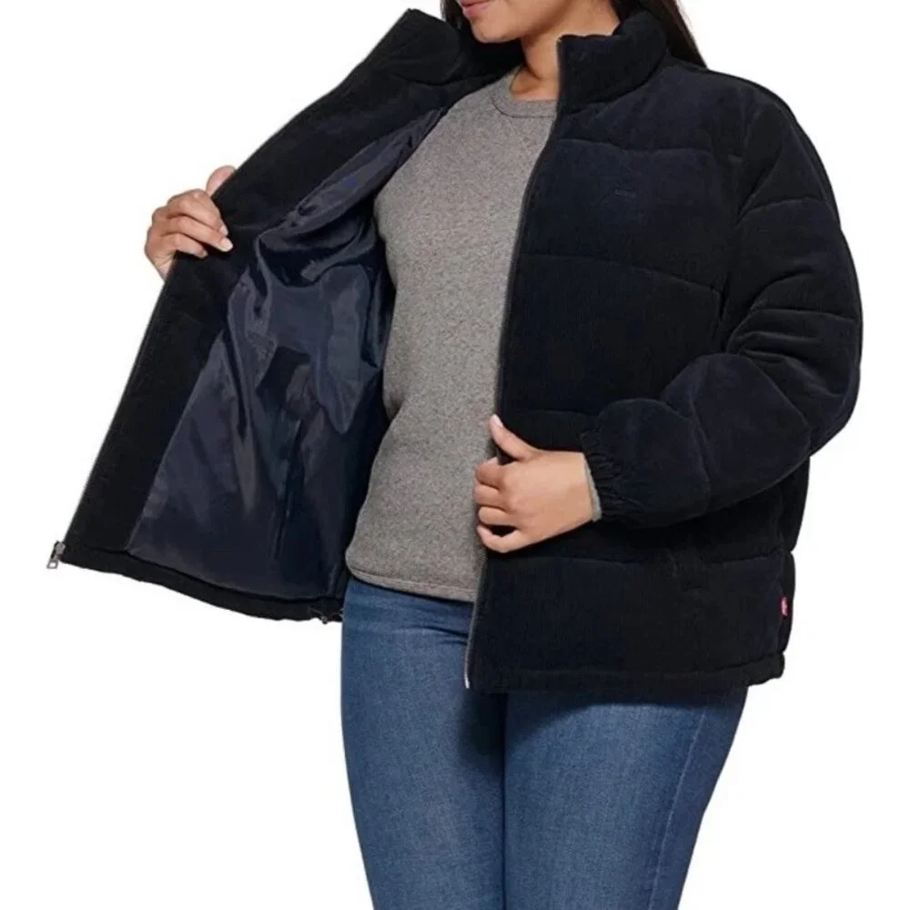 Levi Strauss Women's Size Medium Black Corduroy Puffer Coat Full Zip Lined - Picture 2 of 15